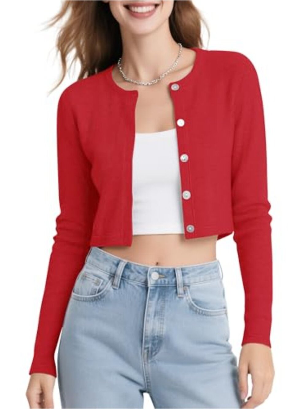 Long Sleeve Button Up Cropped Cardigan Crew Neck Bolero Shrug